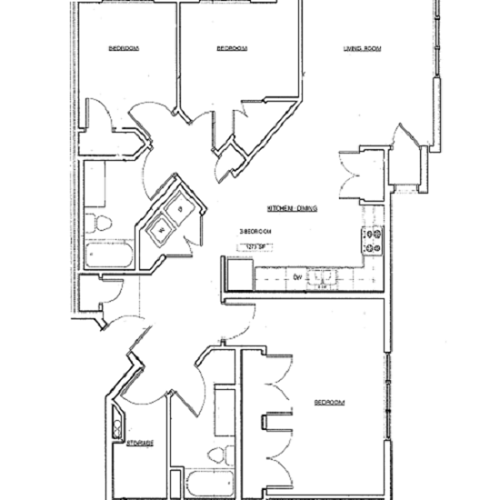Floor plan for 3 beds, 2 baths, 1329 sqft